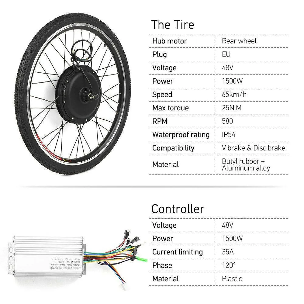 26x1.75'' Electric Bike Conversion Kit Bike Rear Wheel Hub Motor Kit 48V 1500W Powerful E-Bike LCD Display Motor Kit Brushless Controller PAS Signal Light Bike Brake Shifter Kit