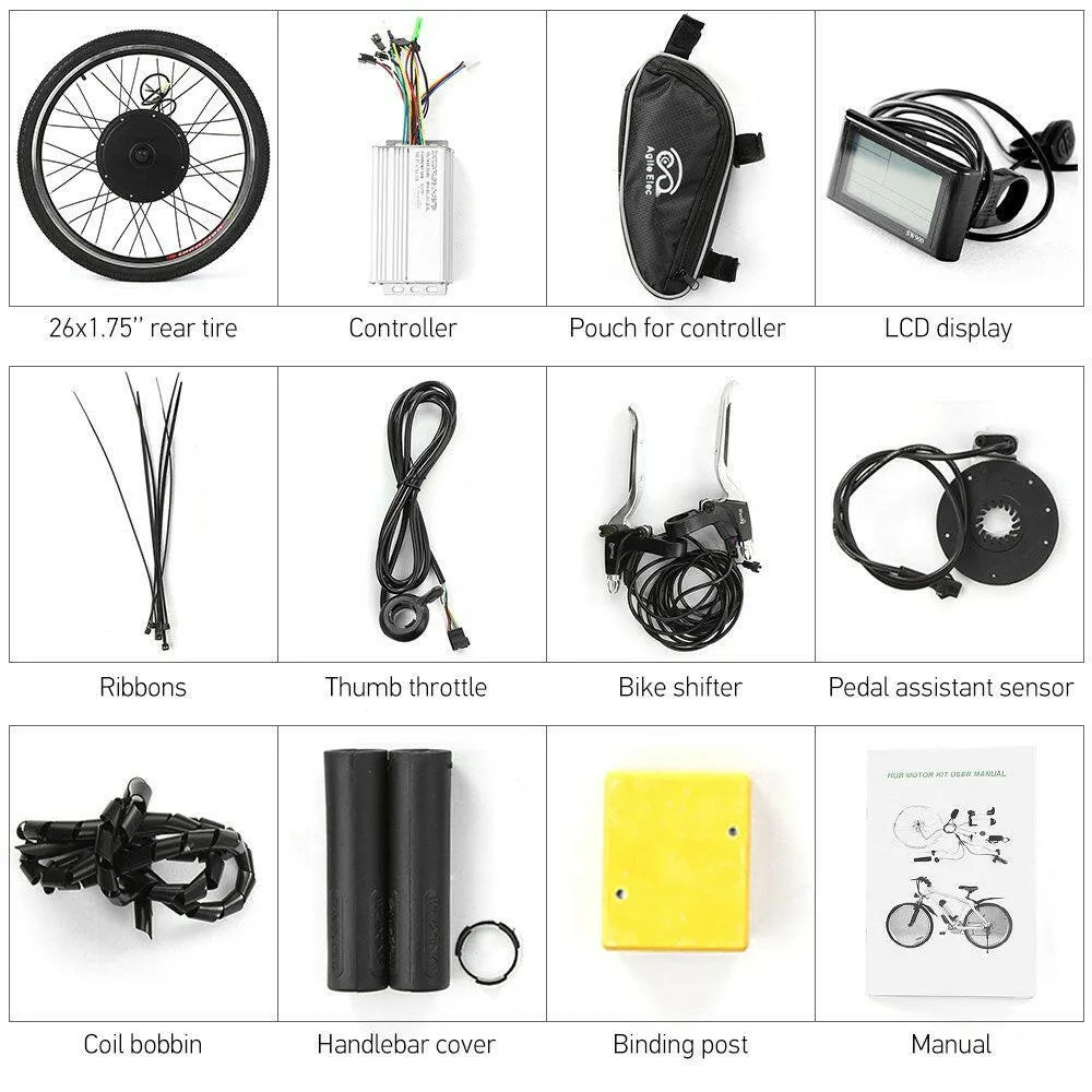 26x1.75'' Electric Bike Conversion Kit Bike Rear Wheel Hub Motor Kit 48V 1500W Powerful E-Bike LCD Display Motor Kit Brushless Controller PAS Signal Light Bike Brake Shifter Kit