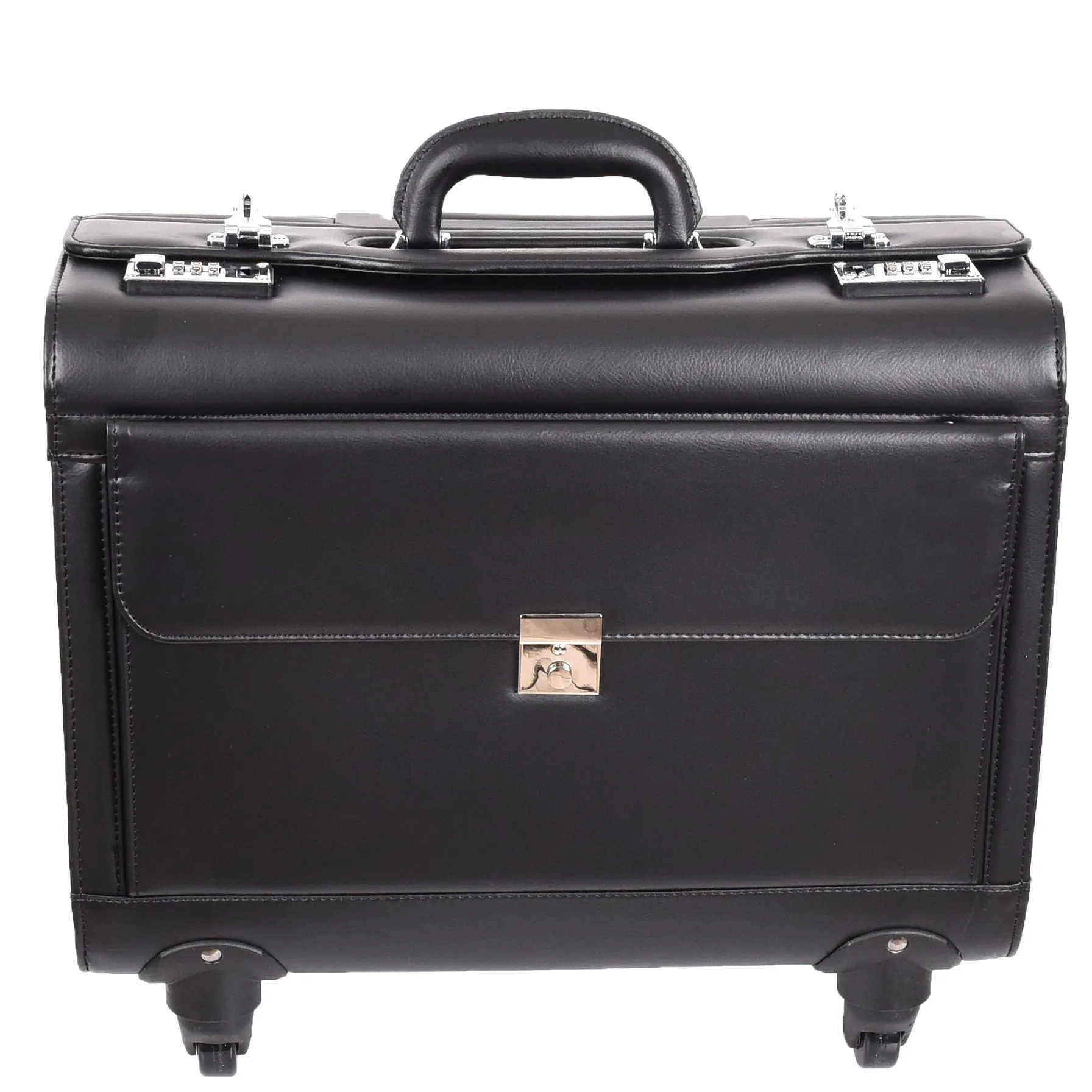 4 Wheel Spinner Leather Pilot Case Flight Carry on Cabin Bag HOL966 Black