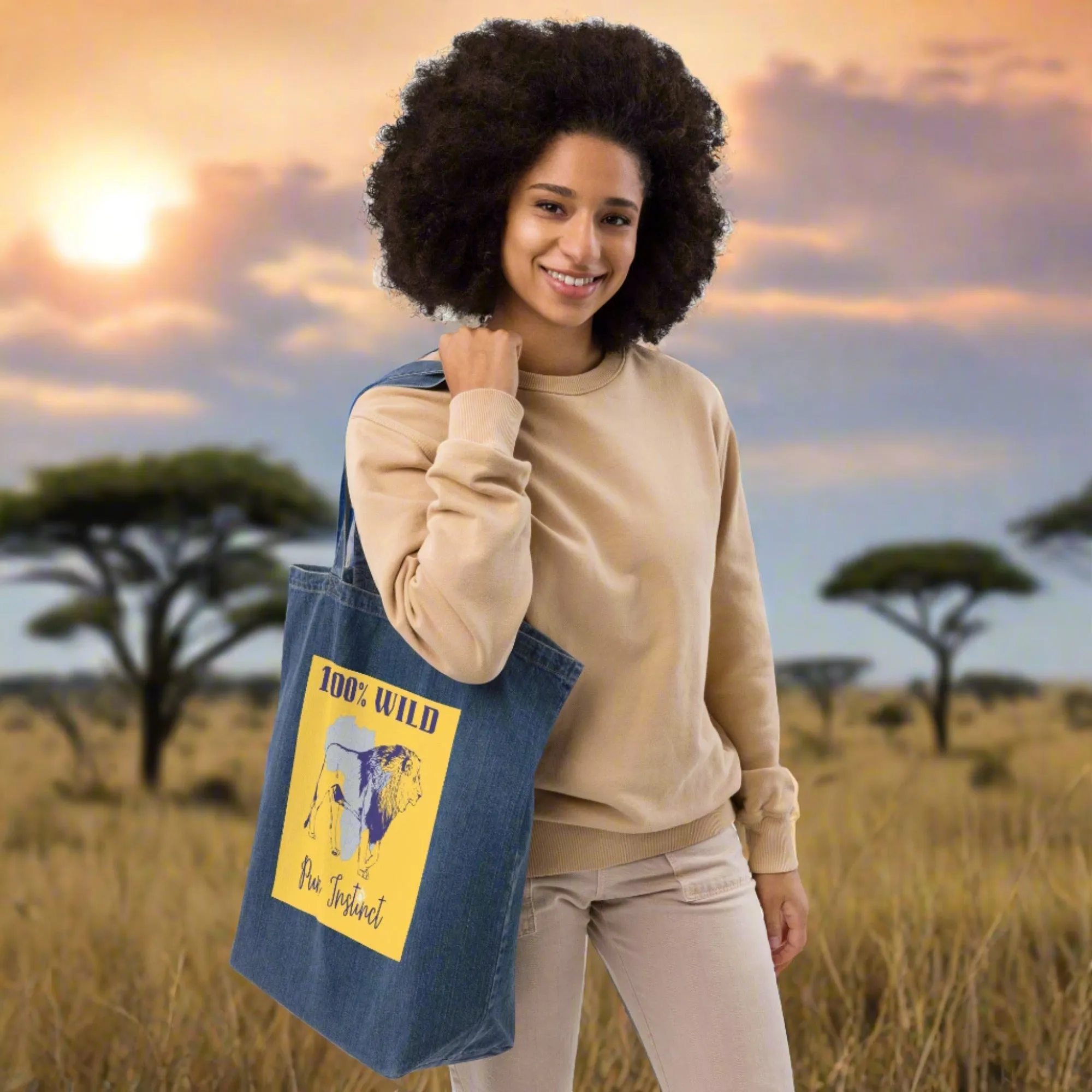 African lion, Sustainable denim tote bag