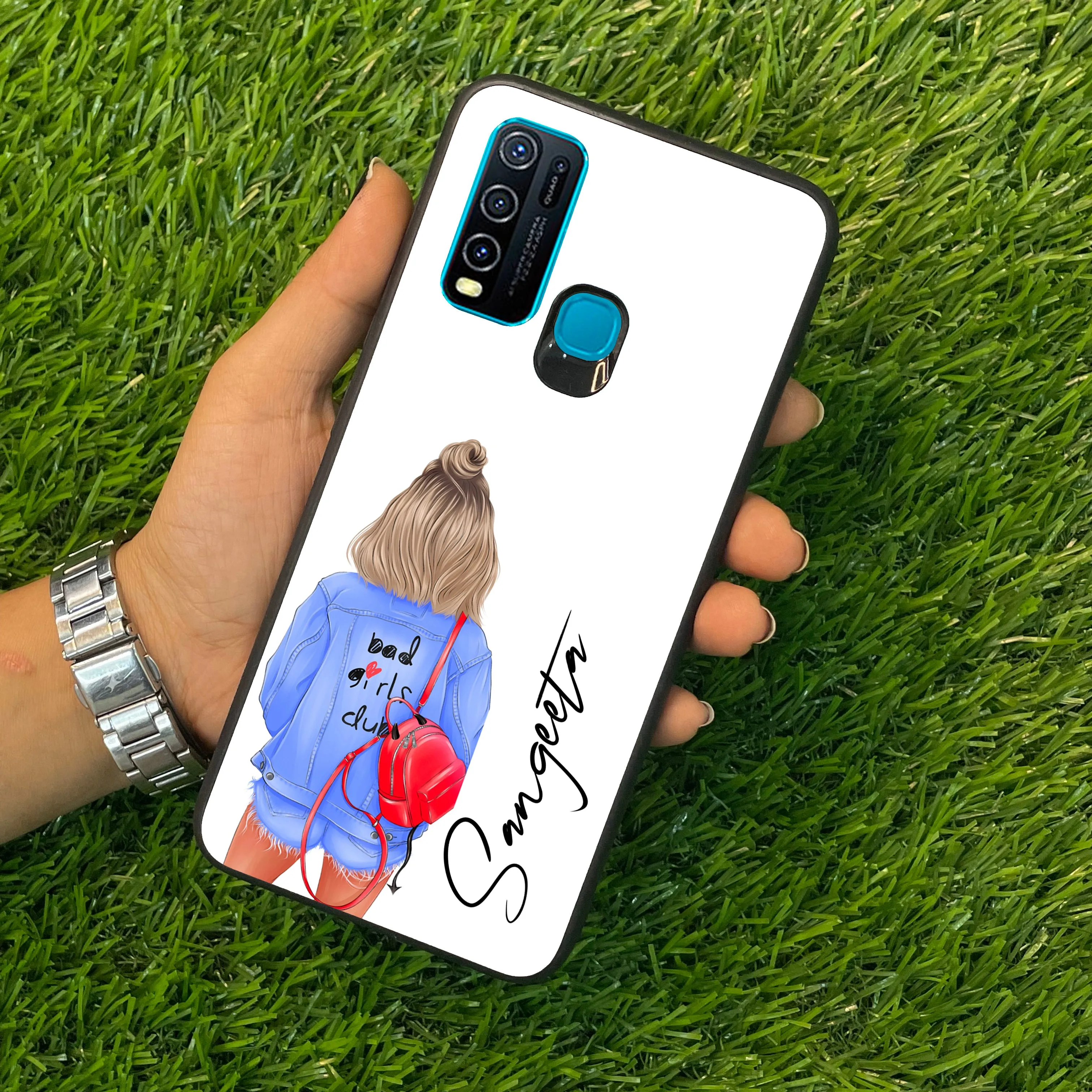 Bag Girl Customize Name Glass Case For Vivo