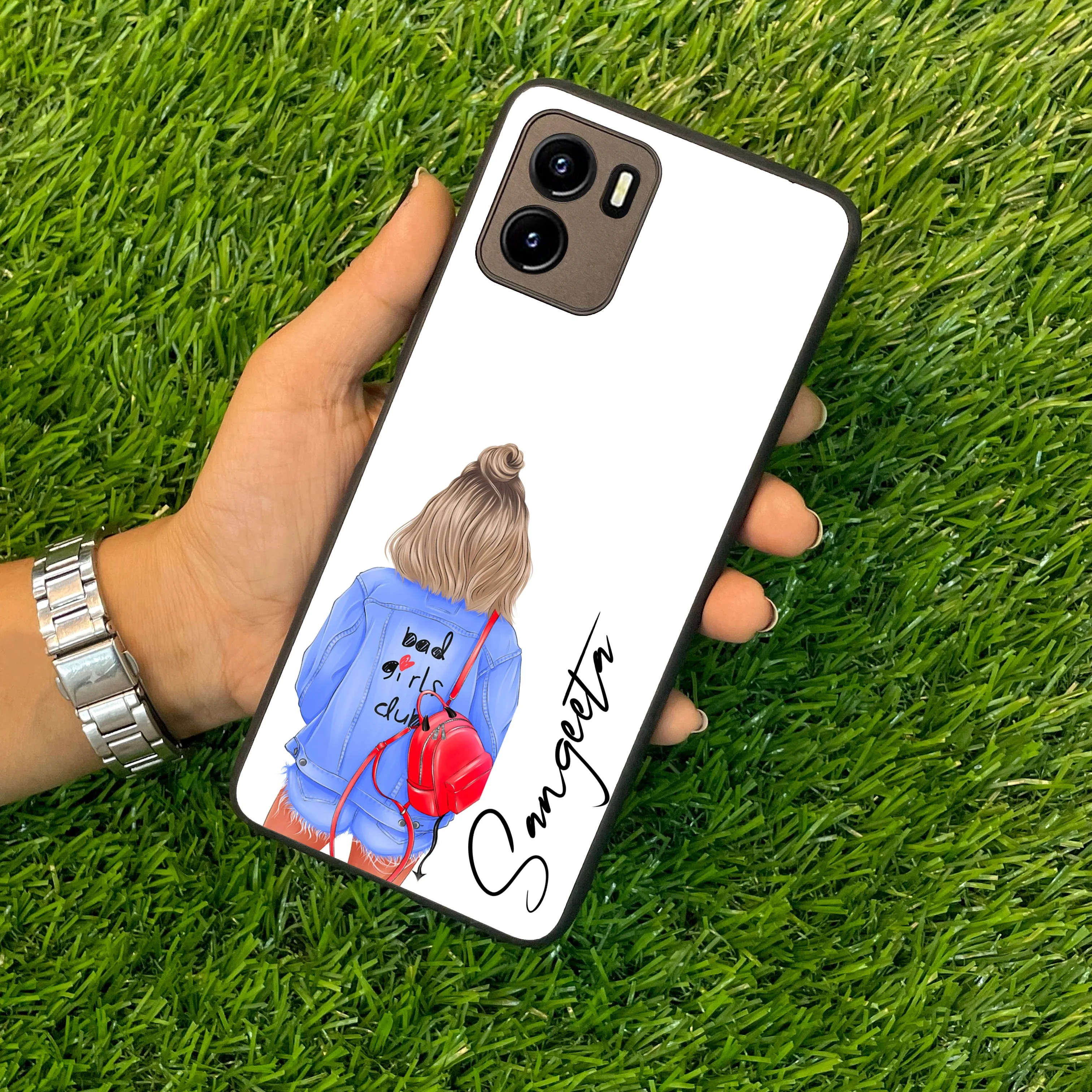 Bag Girl Customize Name Glass Case For Vivo