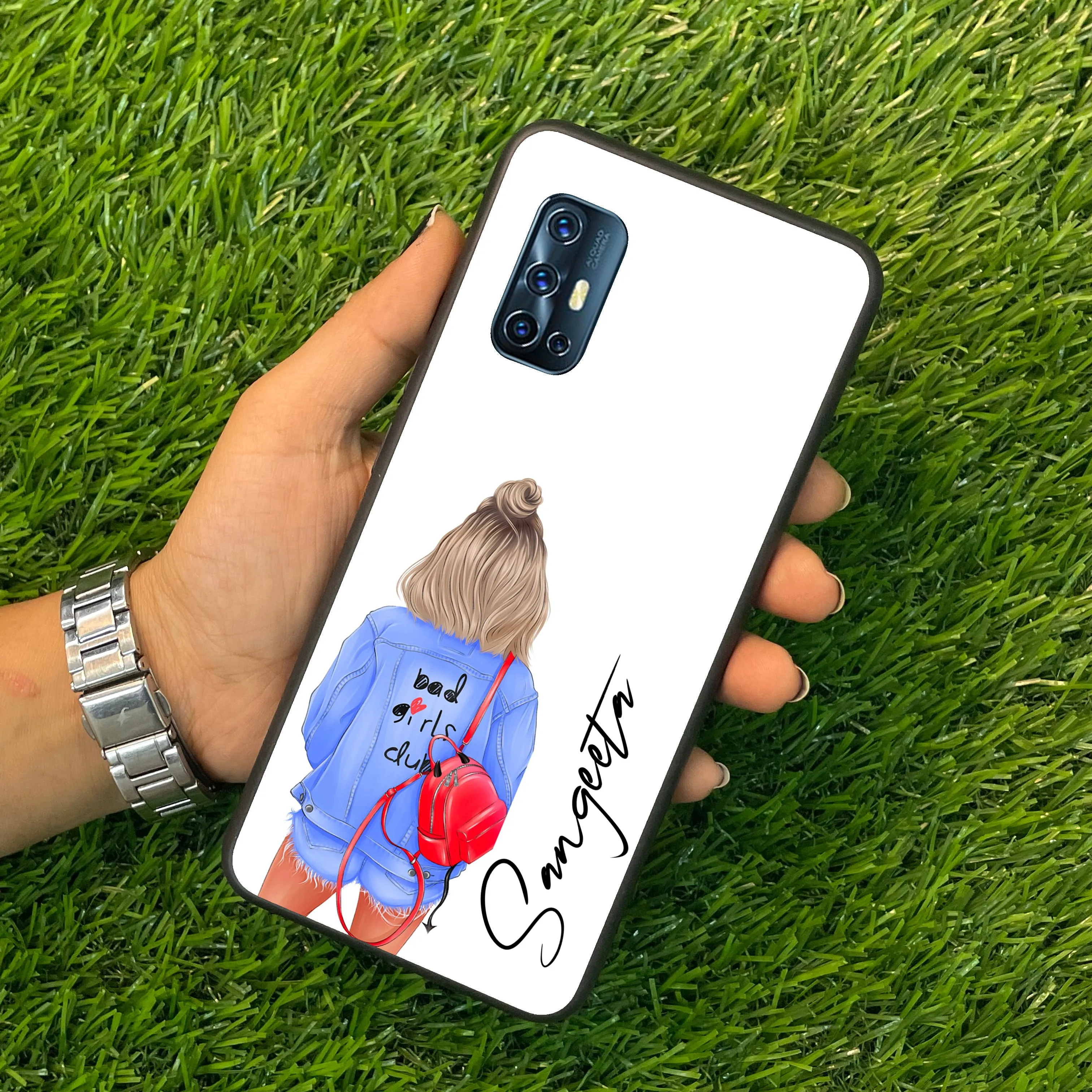 Bag Girl Customize Name Glass Case For Vivo