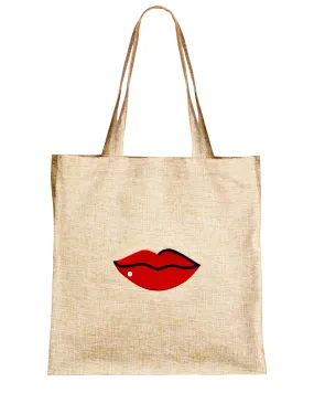 Beige Red Lips Tote Bag