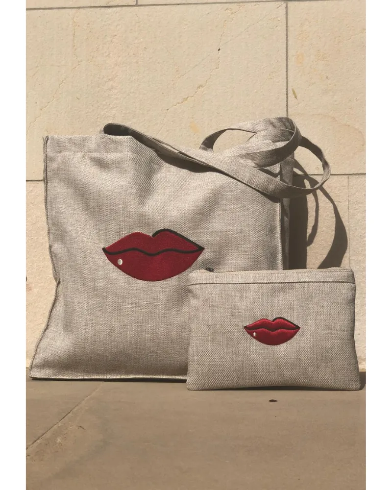 Beige Red Lips Tote Bag