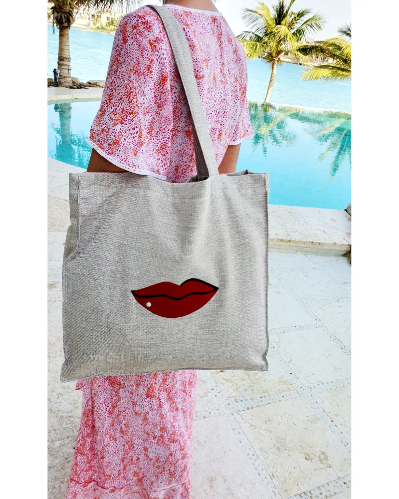 Beige Red Lips Tote Bag