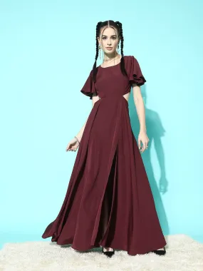 Berrylush Women Solid Maroon Round Neck Cutout Crepe Thigh-High Slit Fit & Flare Maxi Dress