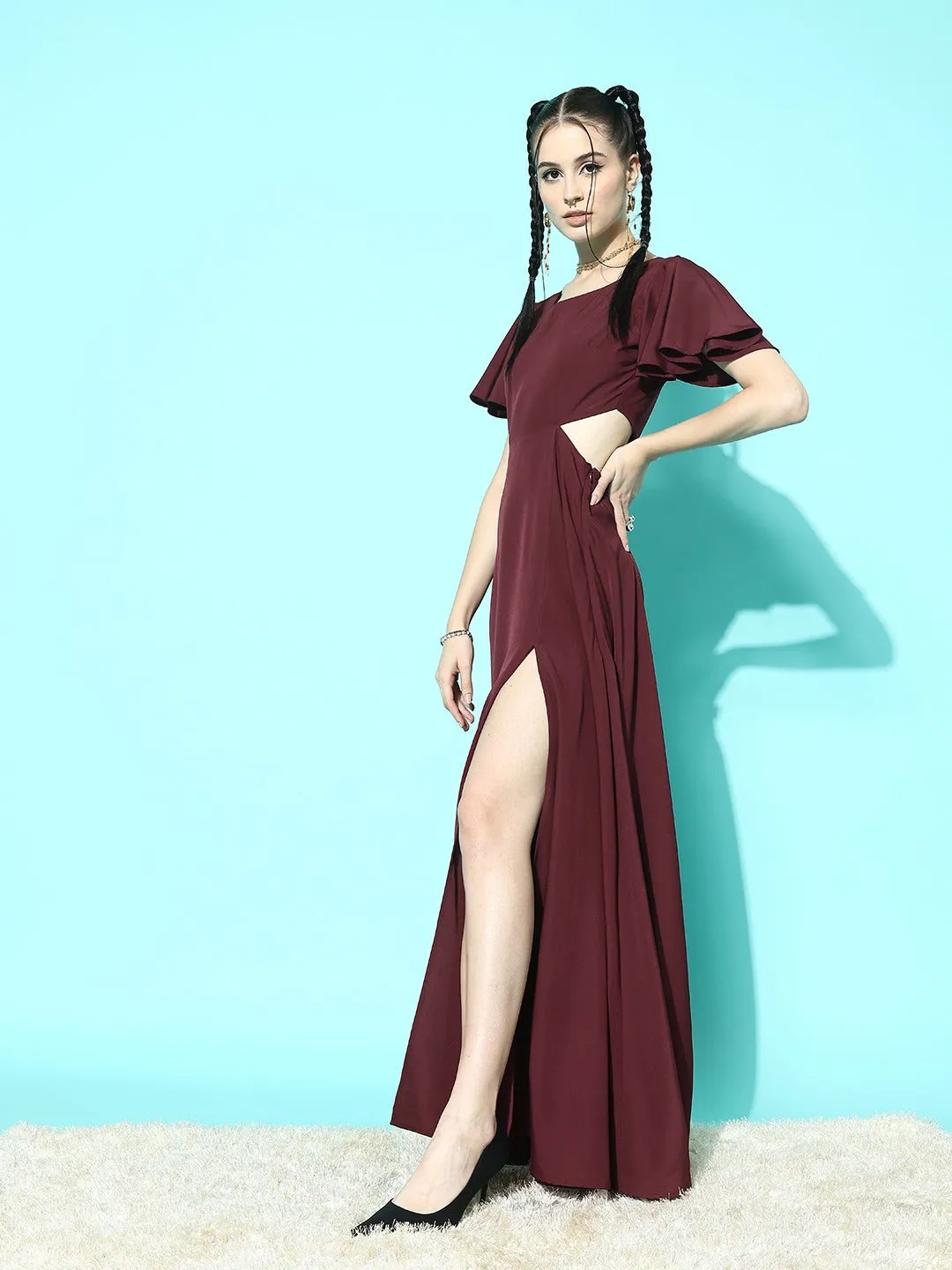 Berrylush Women Solid Maroon Round Neck Cutout Crepe Thigh-High Slit Fit & Flare Maxi Dress