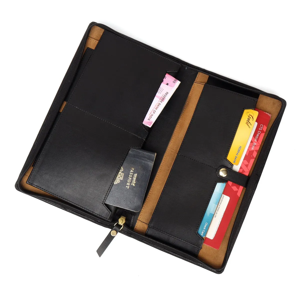 Black Bi-Fold Multi pockets Document Holder with zip Closure By Brune & Bareskin