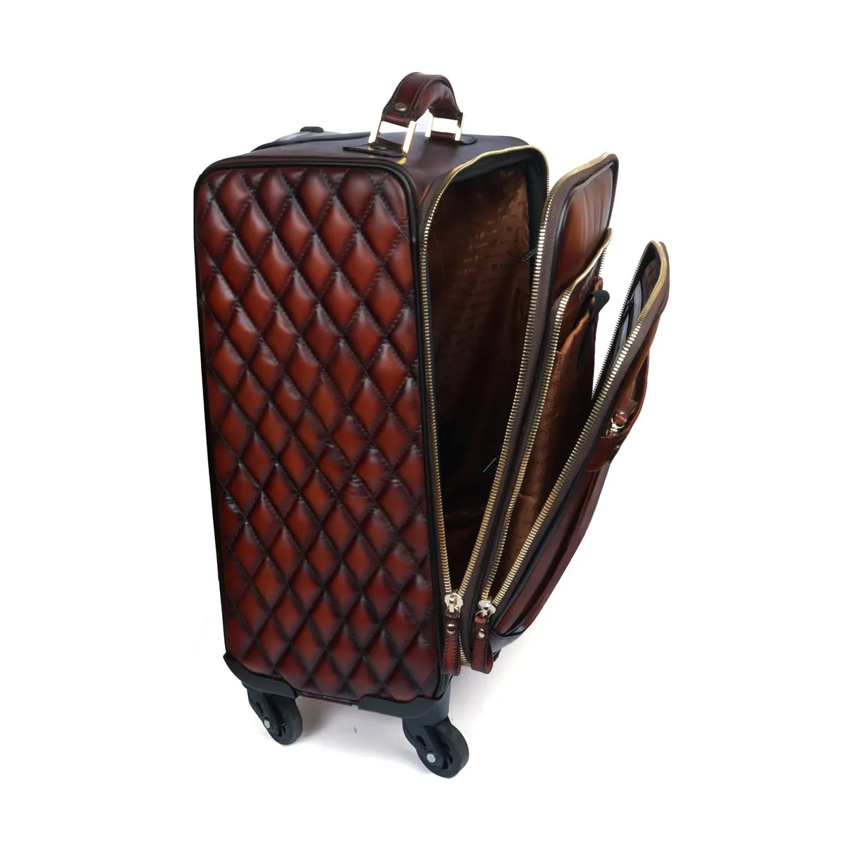 Brown Leather Diamond Stitched Design Trolley Bag