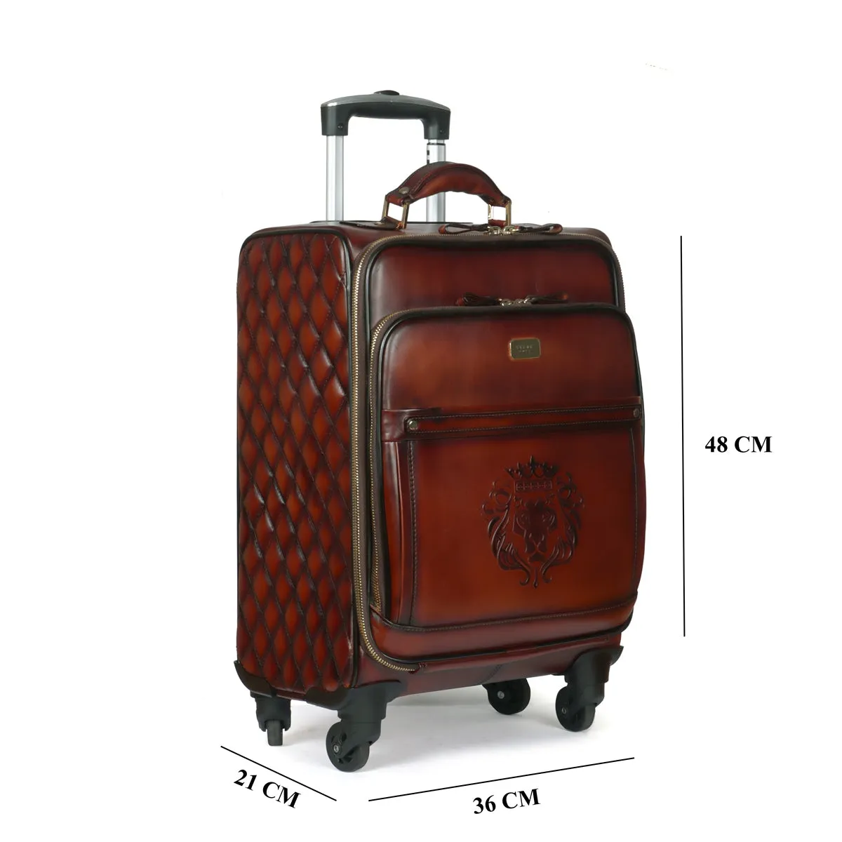 Brown Leather Diamond Stitched Design Trolley Bag