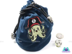 Captain Octopus Dice Bag | Blue, Cute Stitched Pirate Octopus Design, Black String w Skull Accent | Dice Pouch