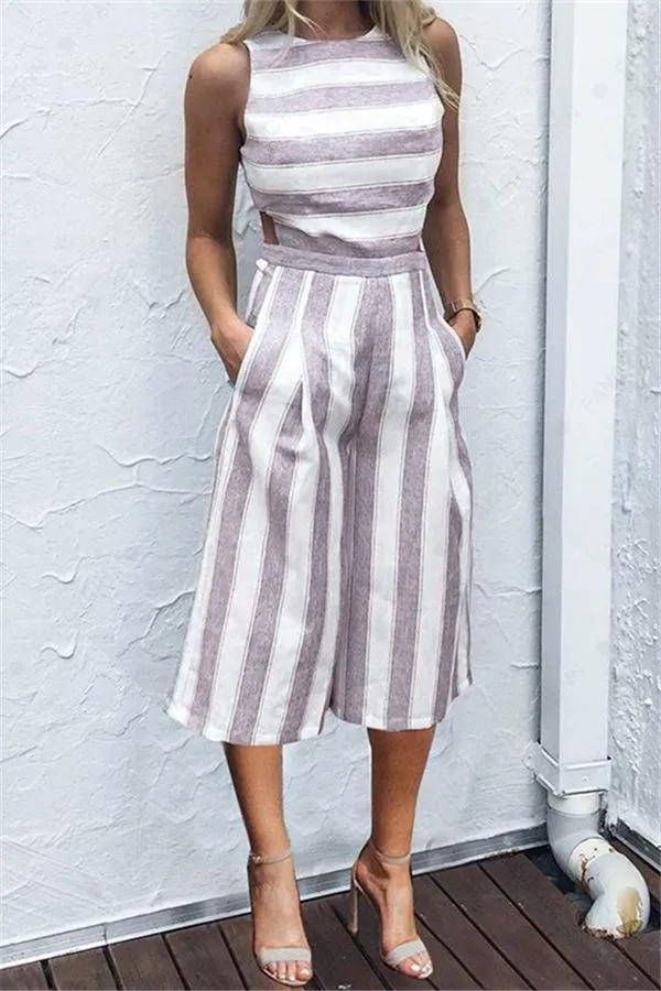 Casual Striped Wide Leg Jumpsuit