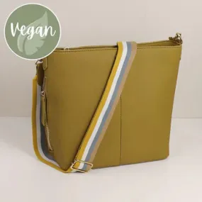 Classic Mustard Vegan Leather Crossbody Bag With Woven Striped Strap