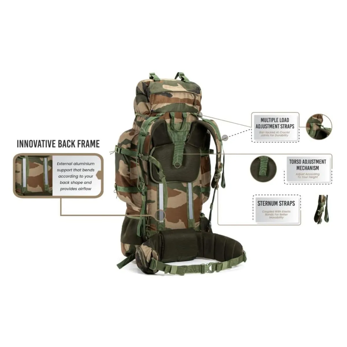 Colonel Pro Metal Frame Rucksack   Detachable Bag & Rain Cover - 90 Litres - Army Green