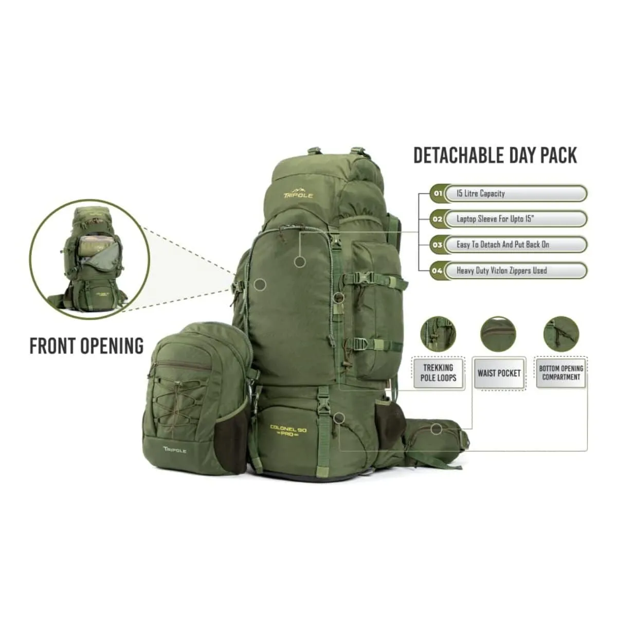 Colonel Pro Metal Frame Rucksack   Detachable Bag & Rain Cover - 90 Litres - Army Green