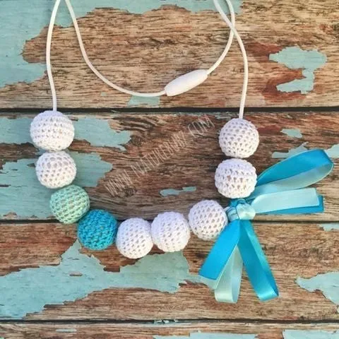 Crochet Bead Nursing Necklace - White/Blues