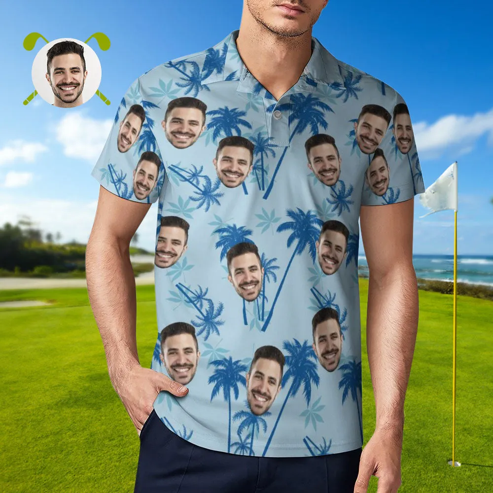 Custom Face Polo Shirts For Men Light Blue Hawaiian Style Golf Shirts