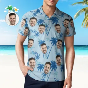 Custom Face Polo Shirts For Men Light Blue Hawaiian Style Golf Shirts