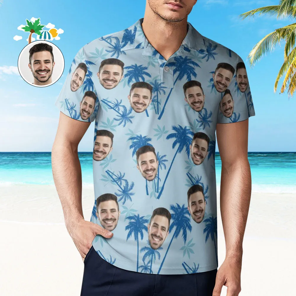 Custom Face Polo Shirts For Men Light Blue Hawaiian Style Golf Shirts