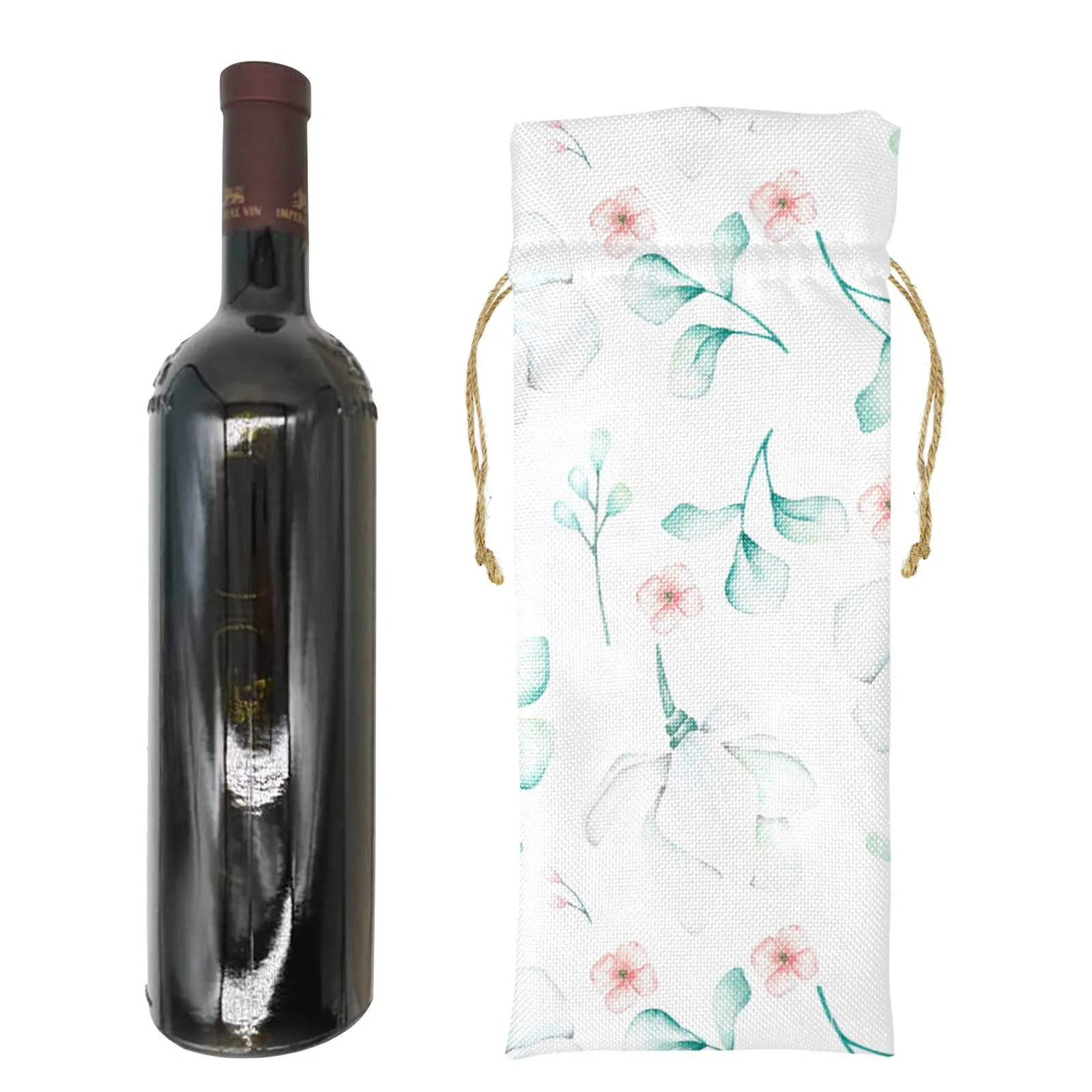 Eucalyptus Leaves Linen Wine Bottle Bag