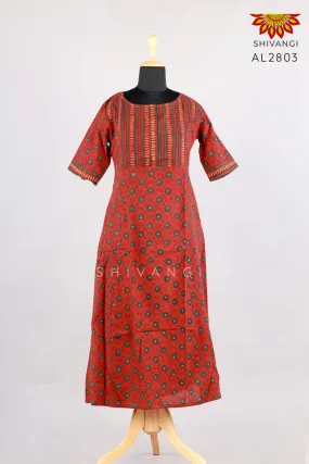 Girls Maroon Printed Ajrakh Kurti