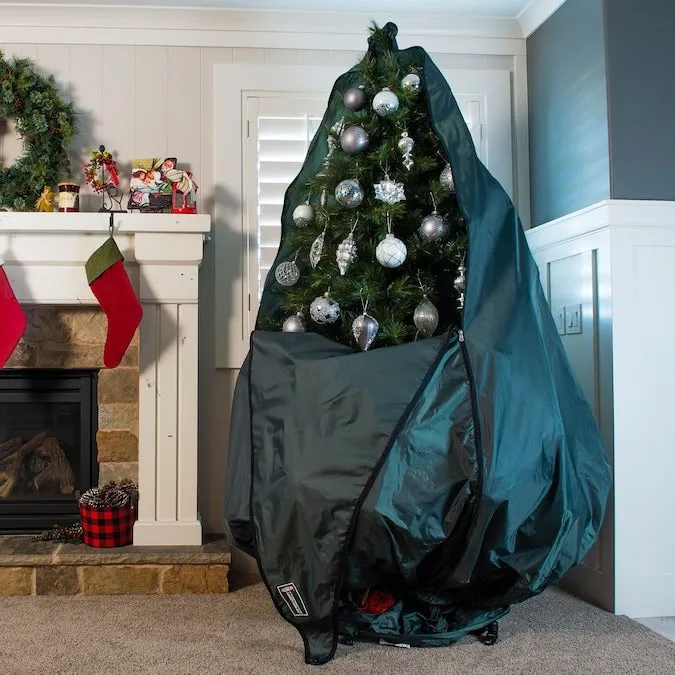 Green Collapsible Rolling Upright Christmas Tree Storage Bag With Rolling Tree Stand