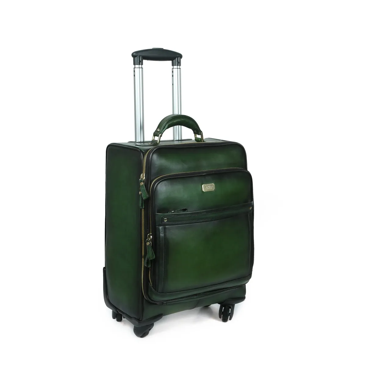 Green Quad Wheel Leather Strolley Travel Bag By Brune & Bareskin