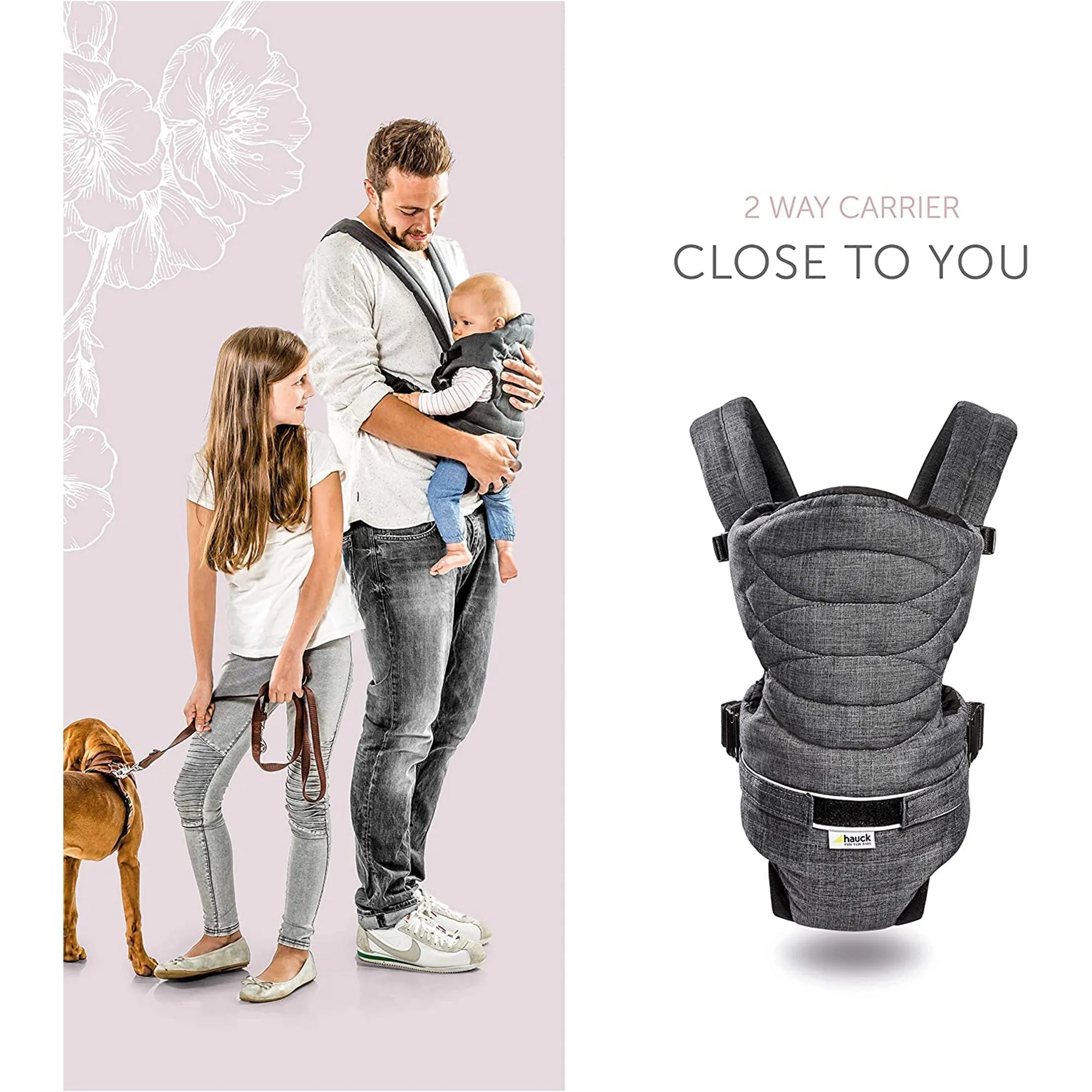 Hauck 2 Way Carrier Baby Carrier Melange Charcoal Birth  to 9M - Distressed Box