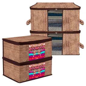 Heart Home Saree Cover & Underbed Stoarge Bag Set | 2 Pieces Saree & 2 Pieces Underbed Storage Bag Combo Set | Zipper Closure & Handle | Wooden-Texture-Design | Set of 4 | Brown