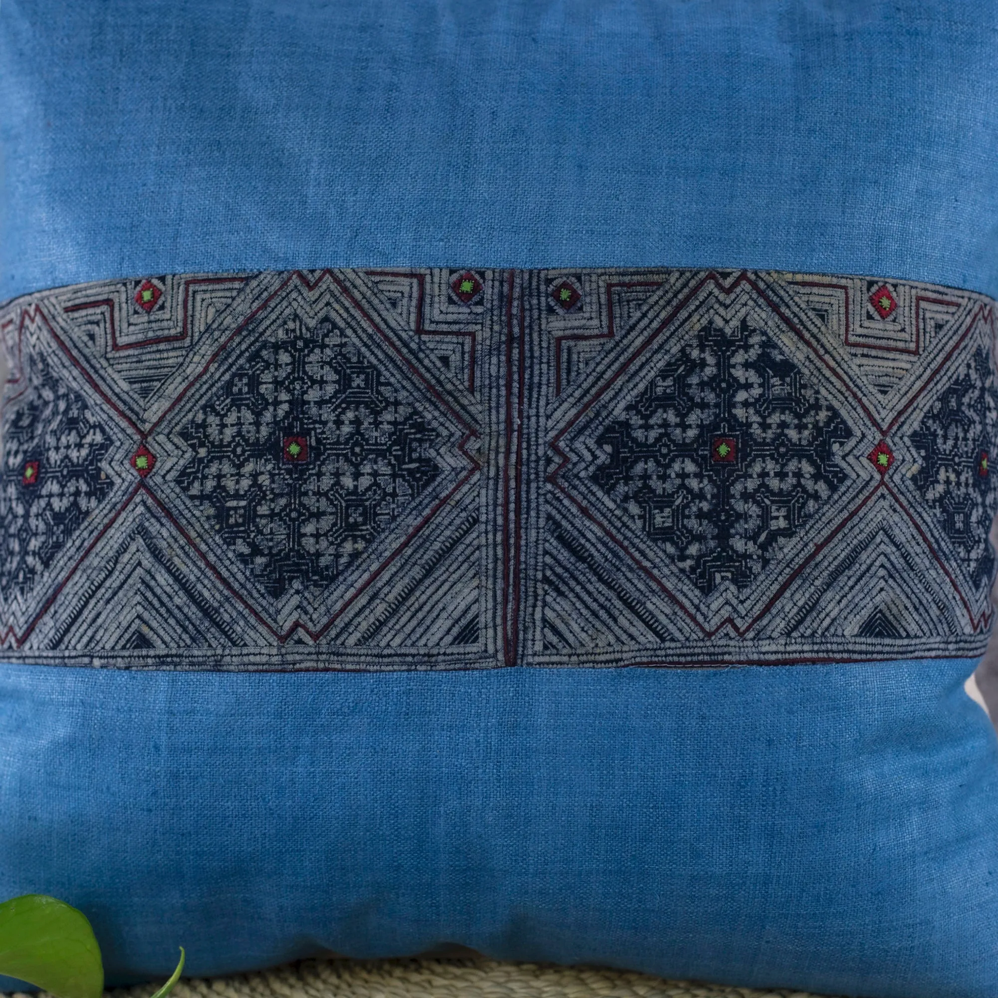 Hemp Cushion Cover, Indigo blue, H'mong vintage pattern