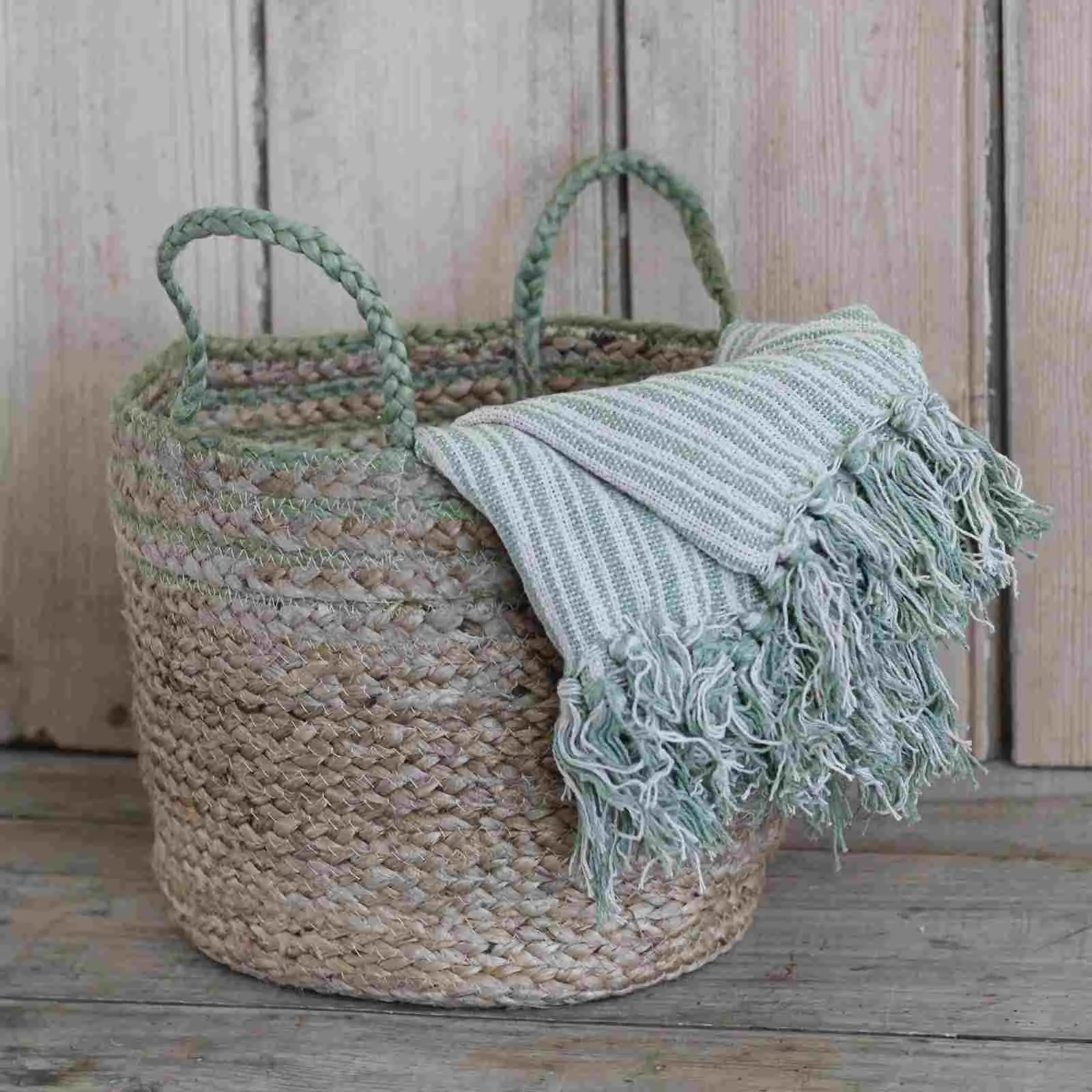 Jute Storage Basket - Green Stripe