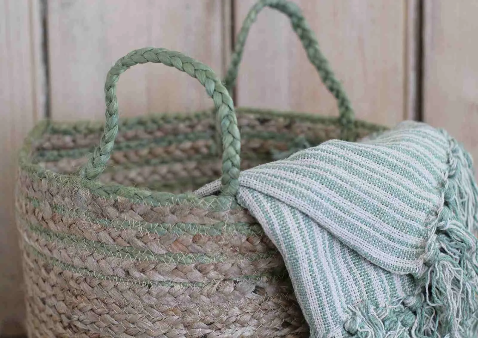 Jute Storage Basket - Green Stripe