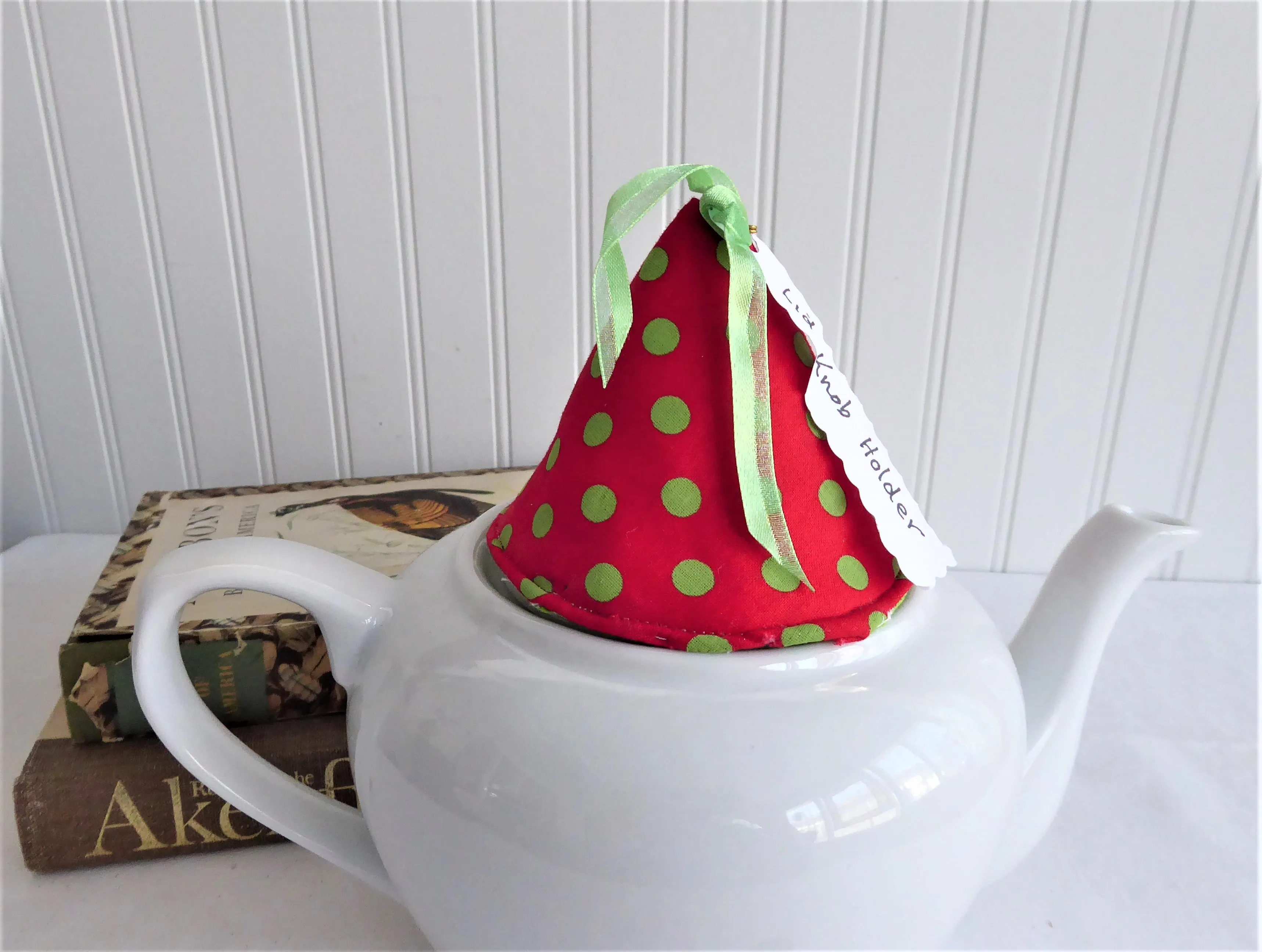 Knob Holder Red Green Polka Dots Teapot Lid Holder Padded Green White Polka Dots Inside