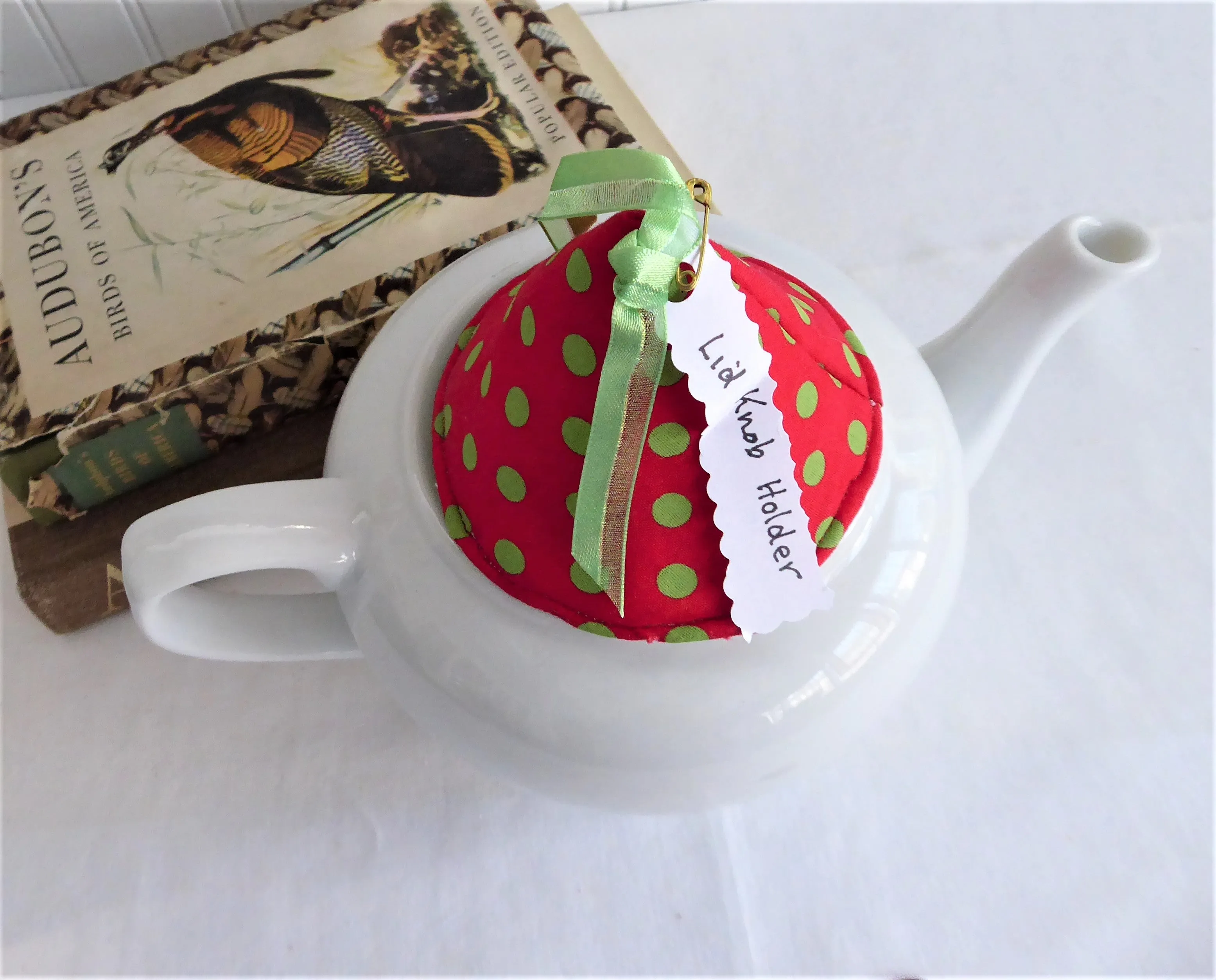 Knob Holder Red Green Polka Dots Teapot Lid Holder Padded Green White Polka Dots Inside