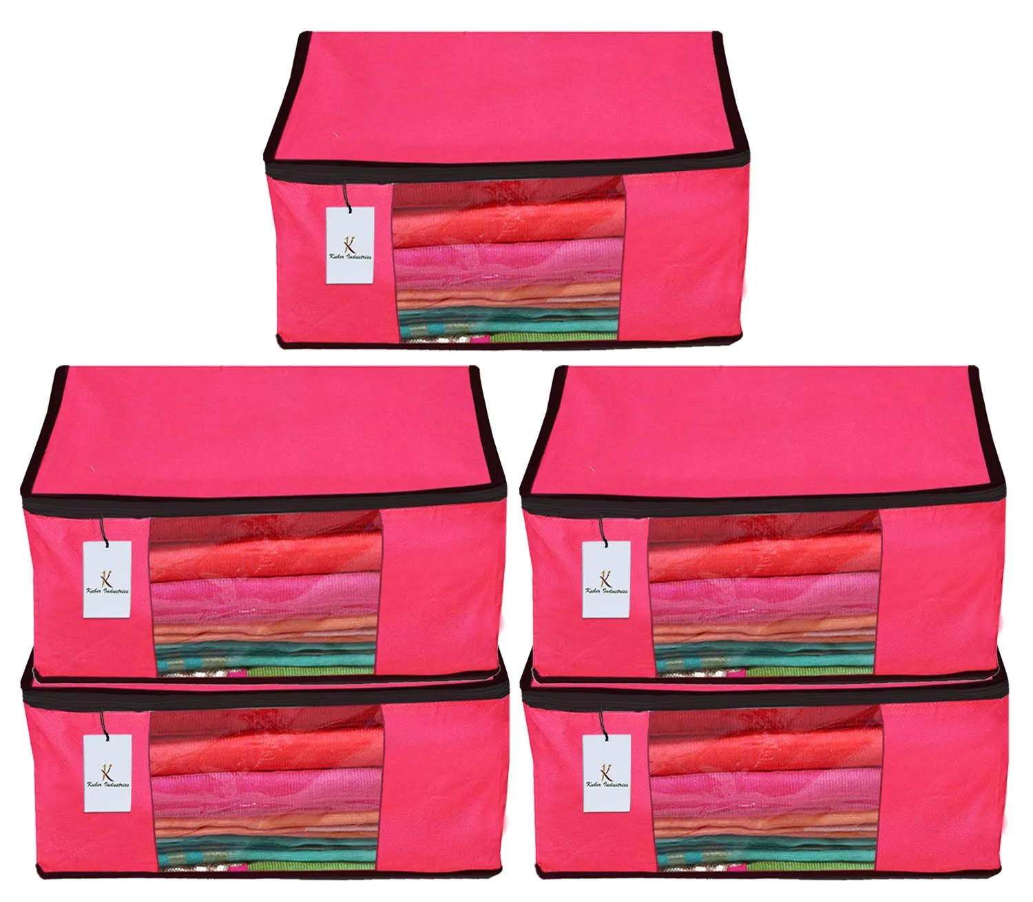 Kuber Industries 5 Piece Non Woven Fabric Saree Cover Set with Transparent Window, Extra Large, Pink-CTKTC23762