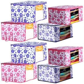 Kuber Industries Flower Design 4 Piece Non Woven Saree Cover and 4 Pieces Underbed Storage Bag, Storage Organiser, Blanket Cover, Pink & Blue (CTKTC042417)