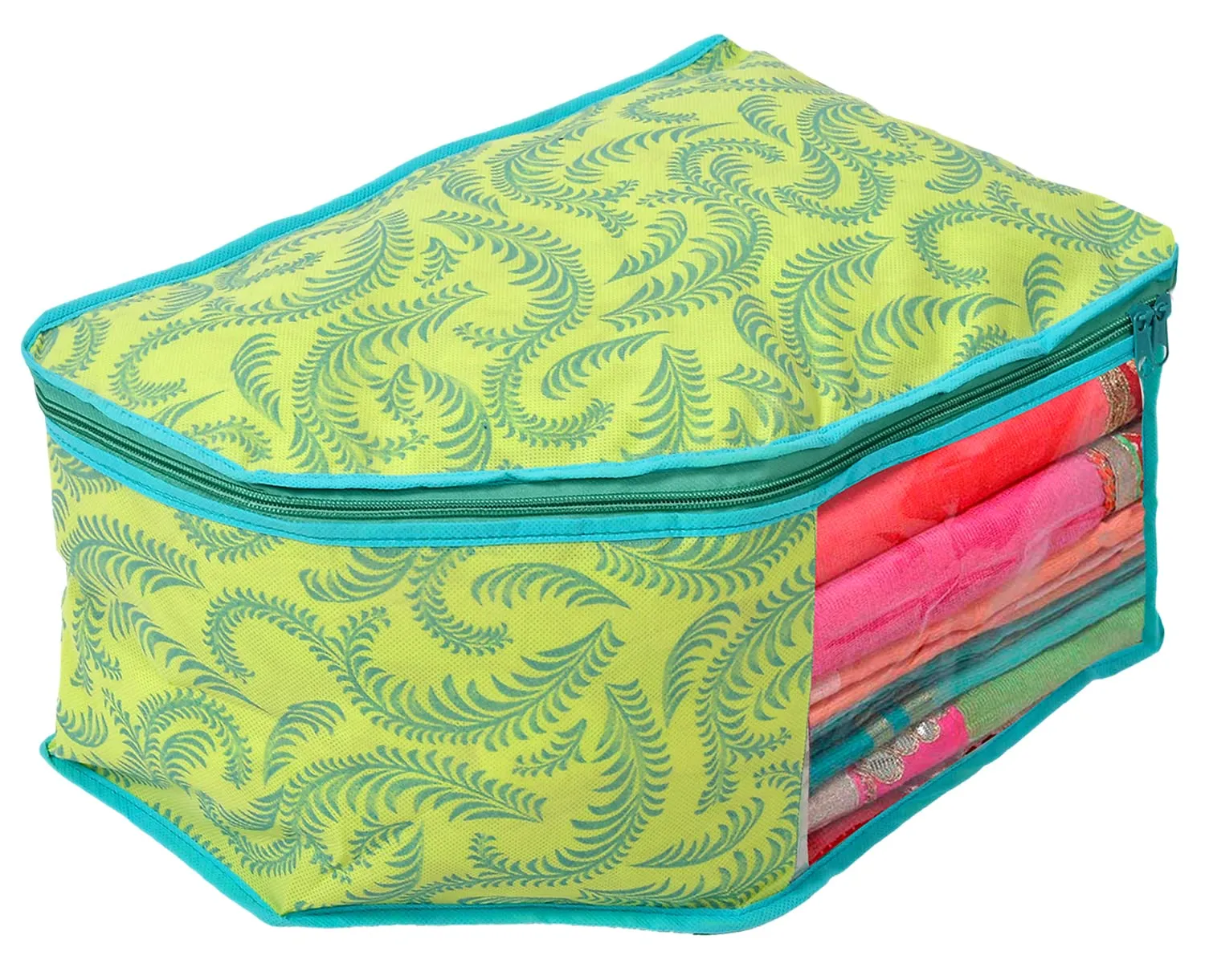 Kuber Industries Leaf Printed Non-Woven Blouse Cover Wardrobe Organiser Clothes Storage Bag With Front Window- Pack of 2 (Green)-44KM0528