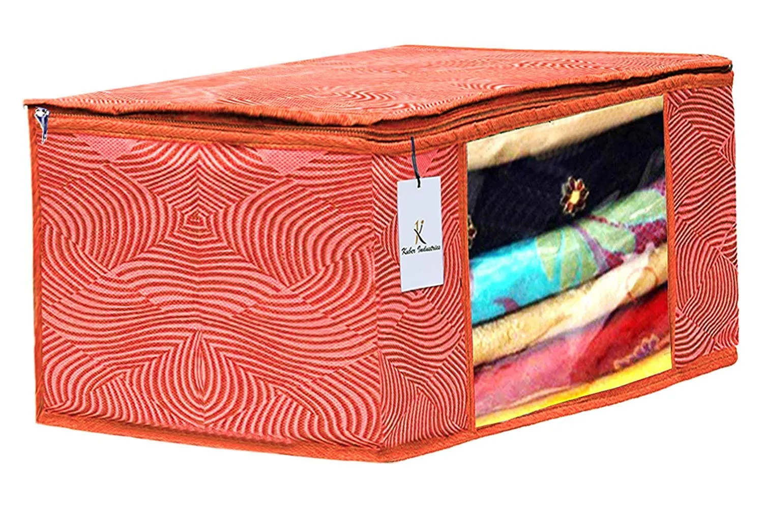 Kuber Industries Leheriya Printed 6 Piece Non Woven Saree Cover and 6 Pieces Underbed Storage Bag, Storage Organiser, Blanket Cover, Orange & Blue -CTKTC42458