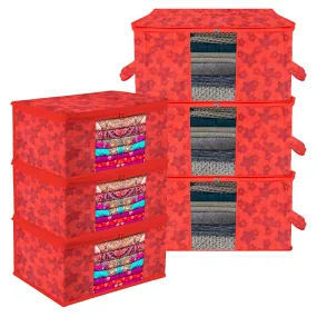 Kuber Industries Saree Cover & Underbed Stoarge Bag Set | 3 Pieces Saree & 3 Pieces Underbed Storage Bag Combo Set | Zipper Closure & Handle | Flower-Design | Set of 6 | Red