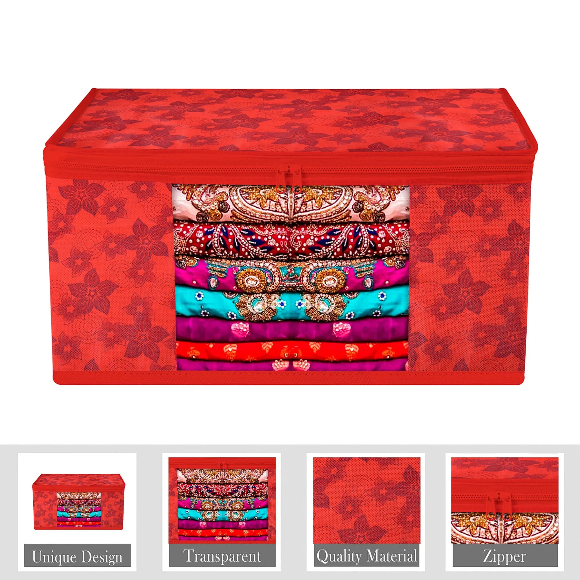 Kuber Industries Saree Cover & Underbed Stoarge Bag Set | 3 Pieces Saree & 3 Pieces Underbed Storage Bag Combo Set | Zipper Closure & Handle | Flower-Design | Set of 6 | Red