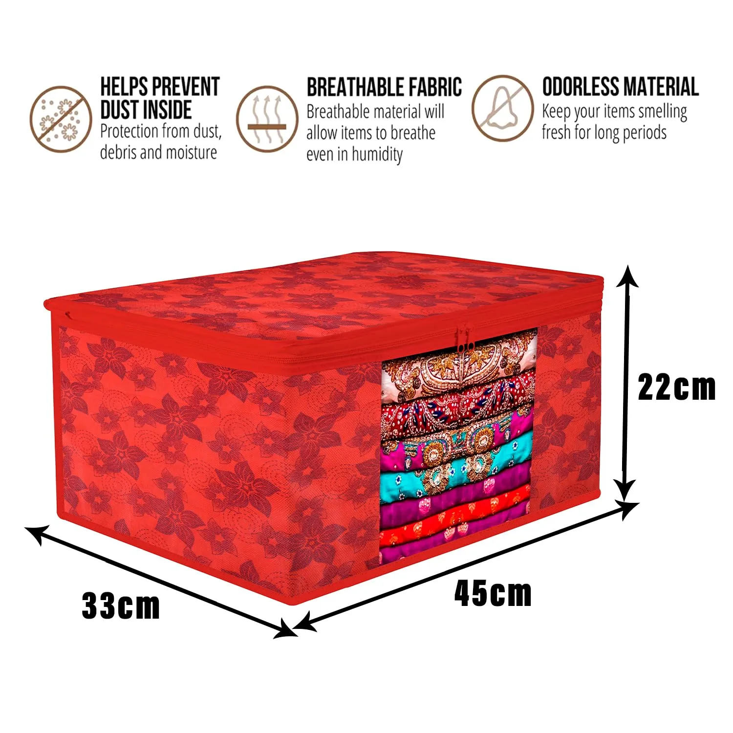 Kuber Industries Saree Cover & Underbed Stoarge Bag Set | 3 Pieces Saree & 3 Pieces Underbed Storage Bag Combo Set | Zipper Closure & Handle | Flower-Design | Set of 6 | Red