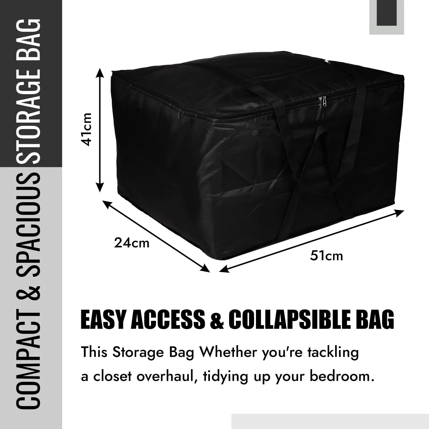 Kuber Industries Storage Attachi Bag | Parachute Travel Storage Bag | Underbed Storage Bag | Storage Organizer for Clothes | Zipper Closure Blanket Bag with Handle | Small | Pack of 2 | Black