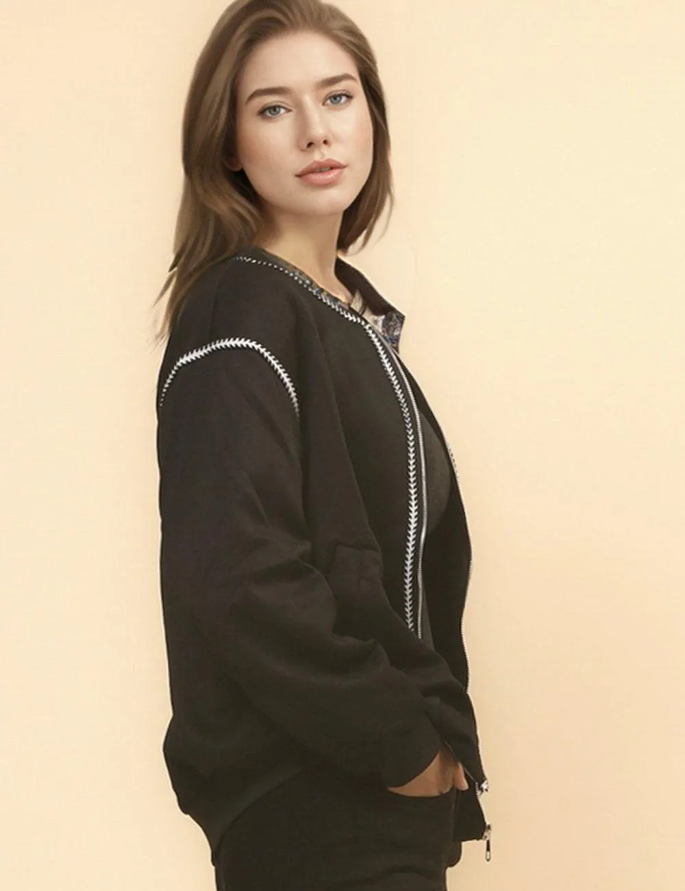 Ladies Color Block Zip Baseball Jacket SKT4716