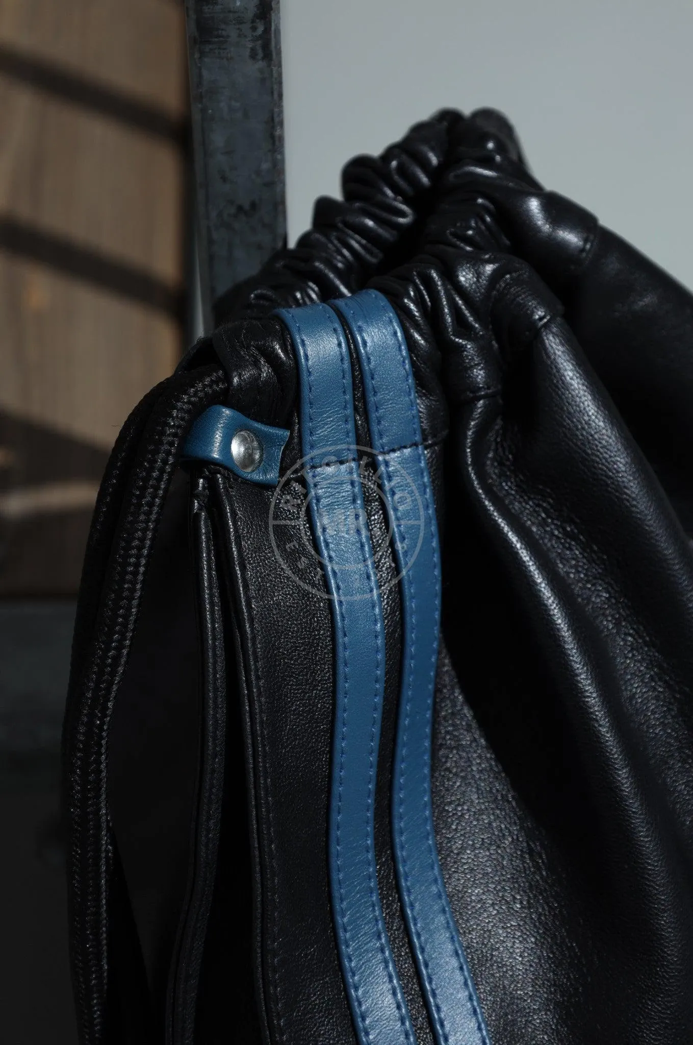 Leather Backpack Black - Blue Stripes