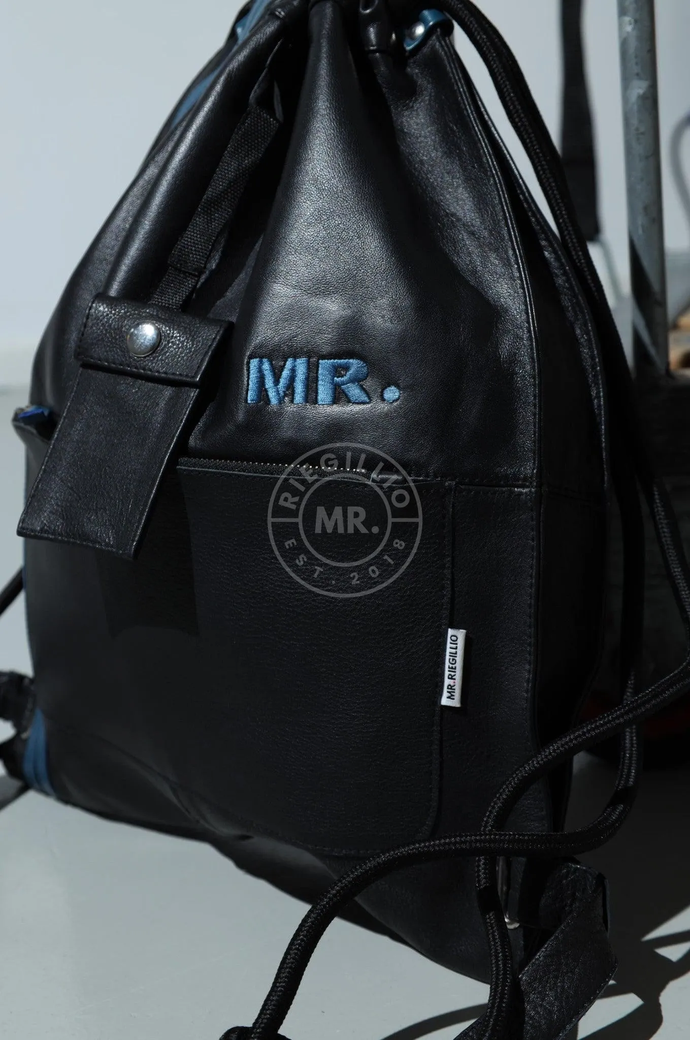 Leather Backpack Black - Blue Stripes