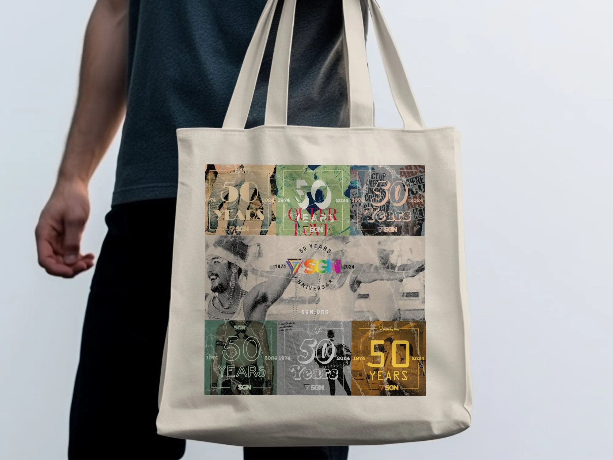 Limited Edition - Seattle Gay News 50 Years Collage, Book Tote Bag, Vintage Photos, SGN Eco Conscious Shopping Bag