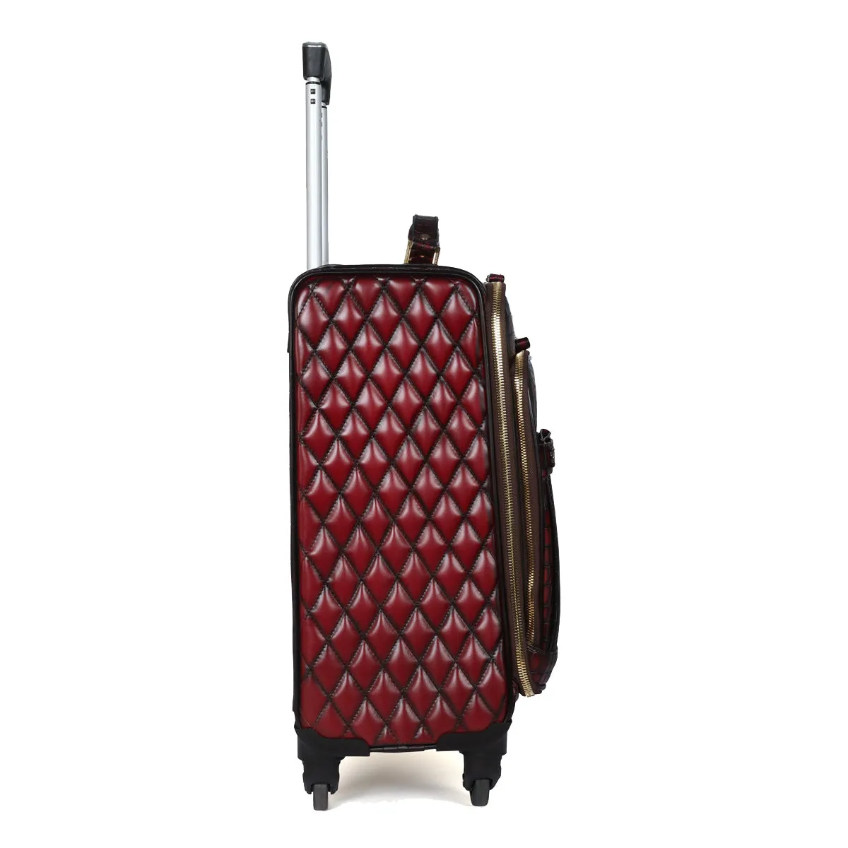 Luxury Wine Croco Print With Diamond Stitched Quad Wheel Cabin Luggage Strolley Leather Bag by Brune & Bareskin