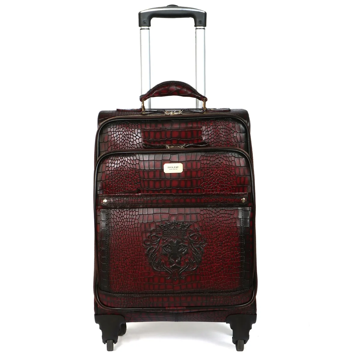 Luxury Wine Croco Print With Diamond Stitched Quad Wheel Cabin Luggage Strolley Leather Bag by Brune & Bareskin