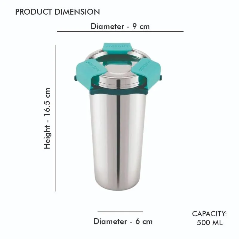 Magnus Stainless Steel Revlock Glass Glossy (500 ml) |Leak-Proof & Airtight Tumbler with Rev Lock Lid - Perfect for Travel, Office, and Kids | Ideal for Juice, Lassi, Buttermilk |Sleek & Portable